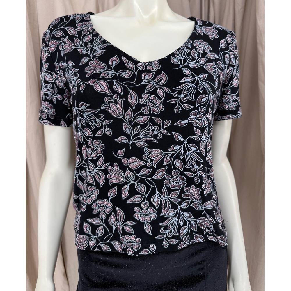 Vintage 90s Ronni Nicole Black Pink Glitter Floral Top M Whimsigoth Y2K USA